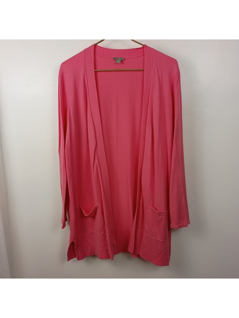 J. Jill Women Size M Open Cardigan Sweater Pink Cotton Side Pockets Long Sleeves